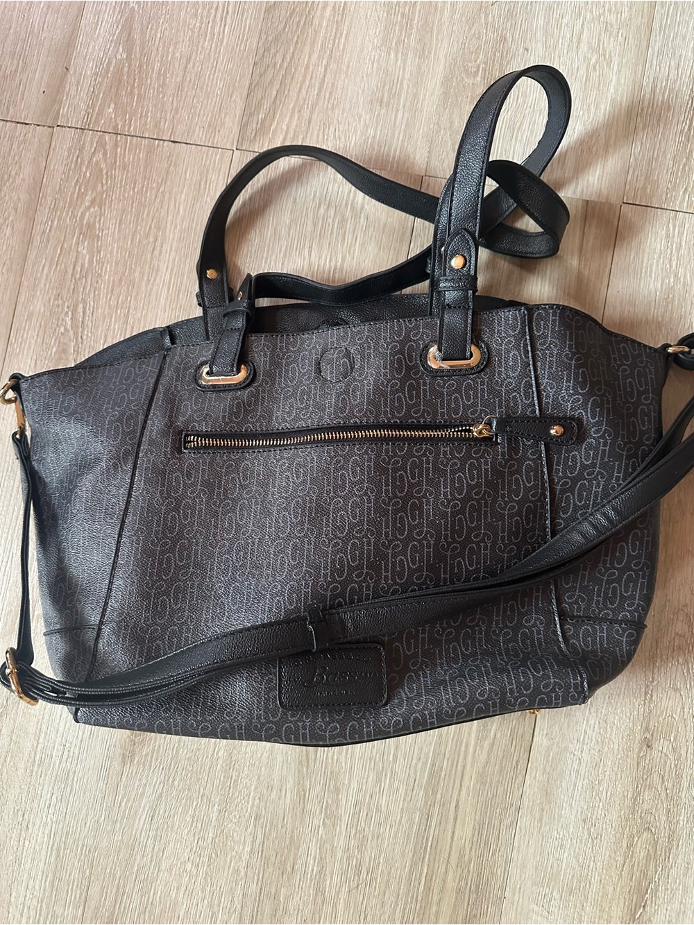 Bass Black Monogram Shoulder Tote with Gold Accents